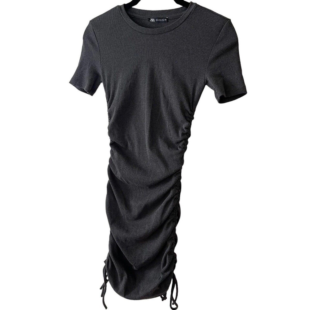 ZARA Small Ruched Ribbed Dress Mini Short Sleeve Dark Gray Short Stretch - Picture 7 of 10